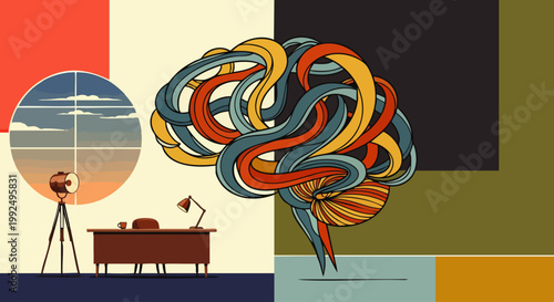 Vibrant illustration of a complex human brain juxtaposed with a serene office setting, symbolizing innovation, mental health, and productive thinking.