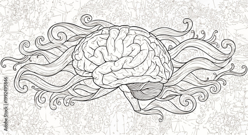 Detailed line art illustration of a human brain surrounded by intricate swirling patterns, symbolizing thought, creativity, and complex mental processes. Abstract.