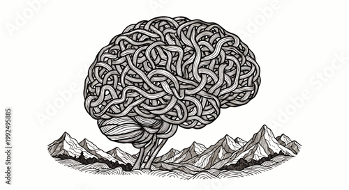 Intricate hand-drawn illustration of a complex human brain, a tangled knot or maze, atop mountains, symbolizing deep thought, mental complexity, and the mind's landscape.