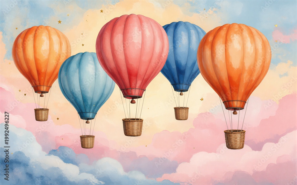 Fototapeta premium Colorful hot air balloons drift through a dreamy pastel sky with soft