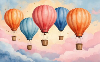 Colorful hot air balloons drift through a dreamy pastel sky with soft