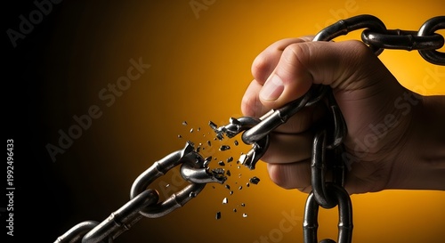 Powerful Hand Breaking Metal Chain Symbolizing Freedom Strength Liberation and Breaking Free from Constraints
