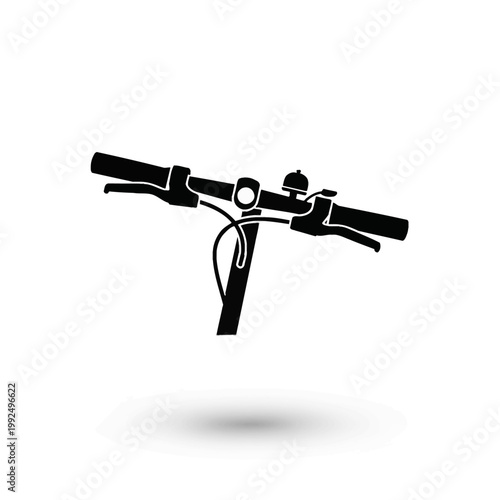 Black and white illustration of an electric scooter's handlebars, featuring brakes and a bell