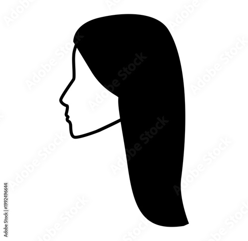 Curtain Bangs hairstyle silhouette profile view, long hair shape parted fringe structure simple outline for icon, avatar, logo, minimal beauty, fashion graphic