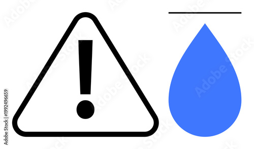 Safety, water conservation, climate change, hazard signs, alert systems, environmental issues. A triangular warning sign with an exclamation mark next to a blue water drop. Safety and water