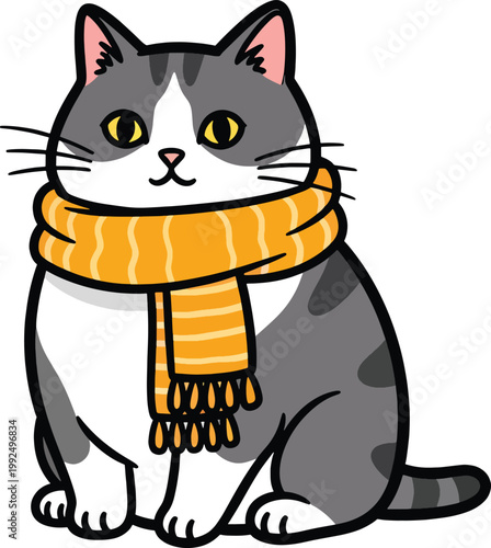 A Kawaii Style Fat Tabby Cat Sticker Illustration Wearing A Striped Scarf
