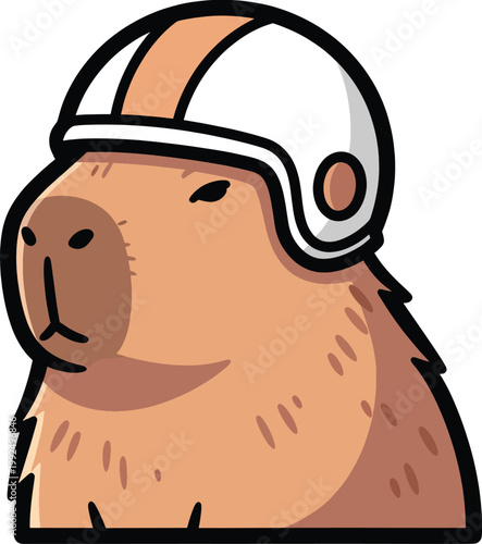 A Chubby Cartoon Capybara Wearing A White And Peach Retro Motorcycle Helmet 
