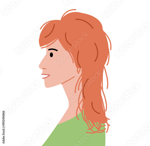 Wolf cut hairstyle flat vector profile view, layered hair shape messy texture composition for avatar, beauty app, interface, fashion illustration