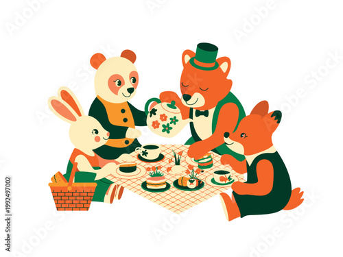 A group of cartoon animals having a tea party on a blanket with a basket of food