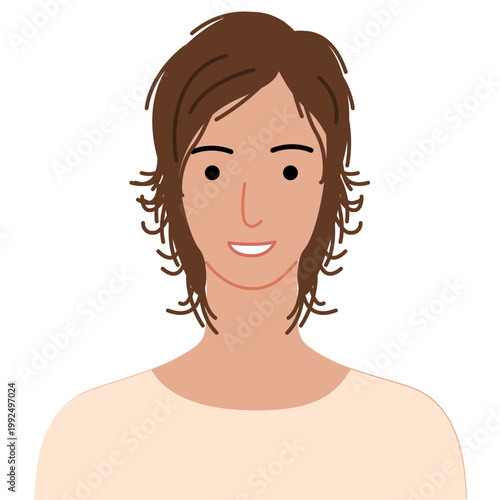 Mullet hairstyle flat vector front view, layered hair shape short front long back composition for avatar, beauty app, interface, fashion illustration