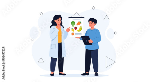 Nutritionist consulting a boy about healthy food and diet plan with fruits and vegetables