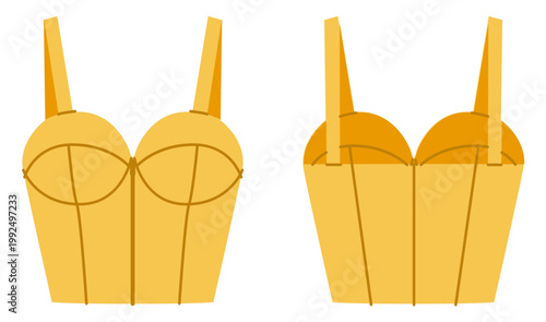 Yellow bustier top shoulder straps and structured panel shaping creating fitted silhouette defined bust contour clean construction lines. Technical fashion illustration in flat color, front back views