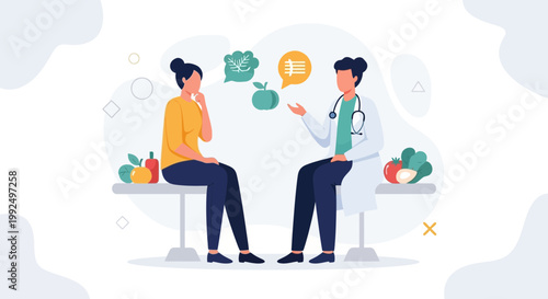 Nutritionist consulting patient about healthy diet with fruits and vegetables