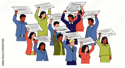 Diverse group of people holding up documents, representing collaboration, agreement, and shared information in a business context.