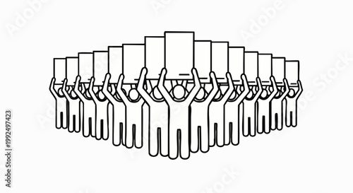 Group of stylized people holding blank signs in a protest or demonstration, symbolizing unity and collective action.