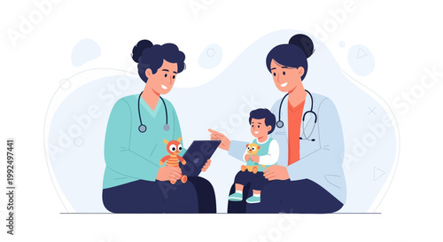 Pediatricians examining child with toys and tablet, healthcare concept