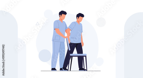 Physical therapist assisting patient to stand up from chair, rehabilitation concept
