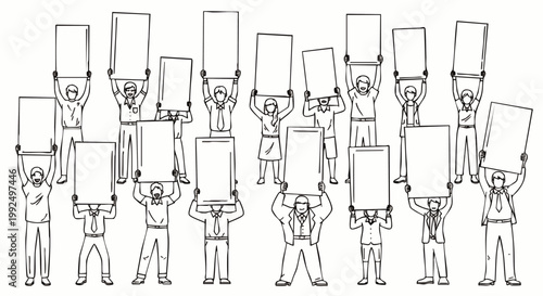 Group of diverse people holding blank signs for protest or demonstration, illustration, copy space