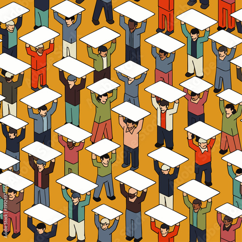 Diverse group of people holding blank white signs above their heads in a crowd, symbolizing unity, protest, or shared ideas.