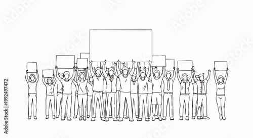 Group of people holding blank signs and banners, protest, demonstration, rally, activism, vector illustration