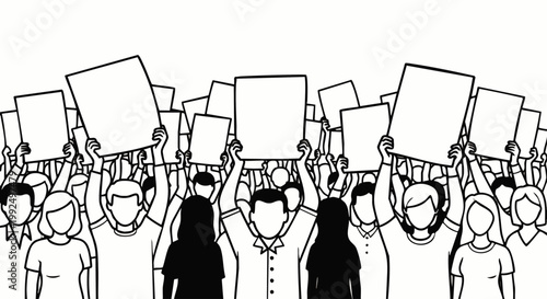 Diverse crowd of people holding blank signs and banners in protest or demonstration, vector illustration