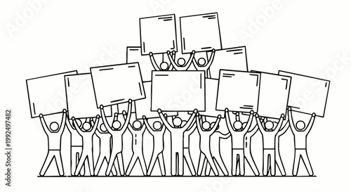 Group of people, stick figures, holding blank signs in a protest or demonstration, illustrating collective action, unity, and social movements.