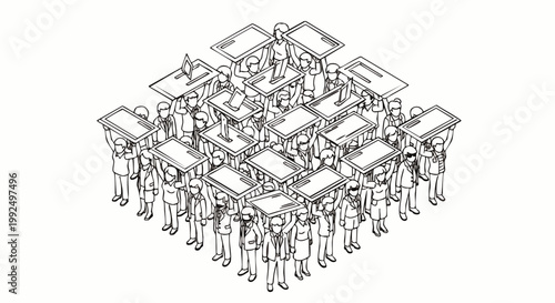 Conceptual isometric illustration of a network of individuals holding up interconnected platforms, representing collective support, foundation, and systems.