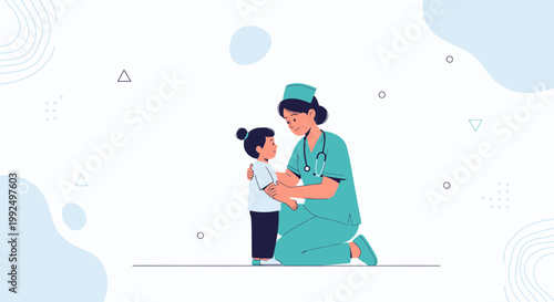 Nurse comforting child, healthcare, medical care, doctor, pediatrician, child health, support, kindness