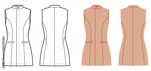 Sleeveless collarless vest with fitted waist silhouette featuring structured shaping seams minimal clean construction lines. Technical fashion illustration in black white color, front back views