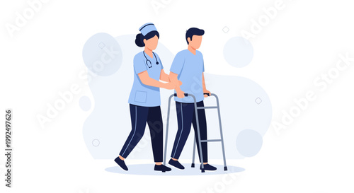 Nurse assisting patient with walker, rehabilitation, physical therapy, healthcare concept