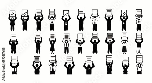 Iconic black and white illustration of stick figures holding up documents or signs, symbolizing information, communication, presentation, and data display.