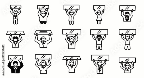 Set of diverse people holding blank signs, protest, announcement, information, message, communication, empty banner, graphic icons