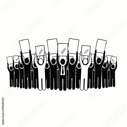 Diverse group of stick figures holding blank signs, protesting or demonstrating for a cause, black and white illustration