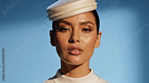 Elegant pillbox portrait with polished makeup and cream pearl-trim headwear against a blue studio backdrop, refined couture beauty close-up showcasing hat styles for ladies in modern editorial light