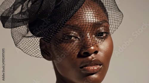 Striking beauty close-up with black birdcage veil fascinator and luminous skin tones, dramatic high-fashion portrait on a soft neutral backdrop presenting hat styles for ladies with couture mystery