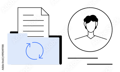 Data management, user profiles, synchronization, information sharing, digital security, online identity. Blue folder with arrows next to a user profile icon. Data management and user profiles