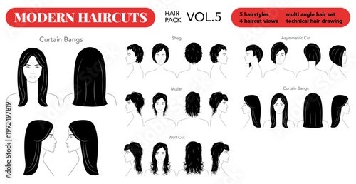 Modern haircut technical drawing set with labeled wolf cut, mullet, shag, asymmetric and curtain bangs styles, black and white diagrams for training and reference