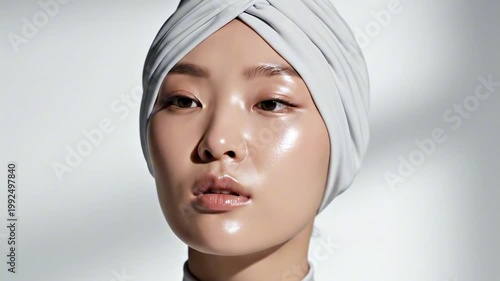 Minimal studio portrait with pale gray twisted turban headwrap, lowered gaze and luminous skin, a serene fashion study interpreting sculptural hat styles for ladies through clean contemporary styling