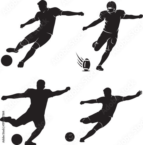 Soccer and American Football Kicking Silhouette Set - Athlete Action Poses Vector Bundle