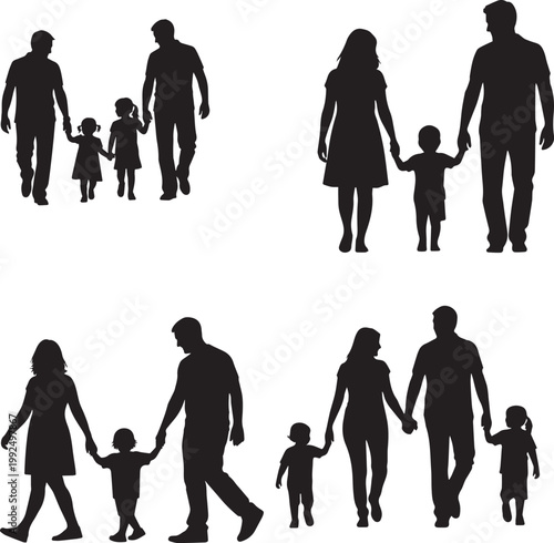 Happy Family Walking Silhouette Set - Parents and Children Holding Hands Vector Collection