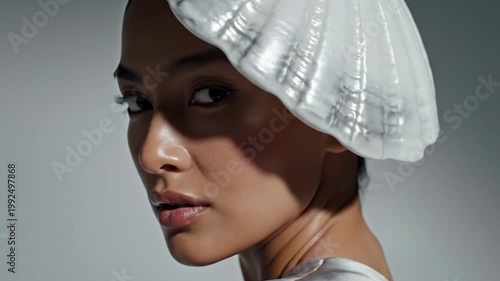 Avant-garde profile portrait wearing a sculptural white shell-inspired headpiece, cool studio tones and satin finish transforming artistic hat styles for ladies into modern wearable couture form