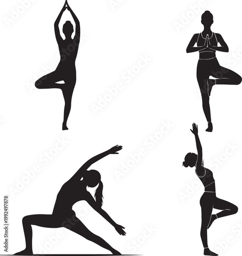 Yoga Poses Silhouette Set - Female Fitness and Meditation Action Vector Collection