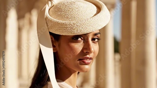 Classic side portrait with ivory ribbon boater and sunlit colonnade backdrop, smooth long hair and poised expression presenting ceremonial hat styles for ladies with refined summer occasion elegance
