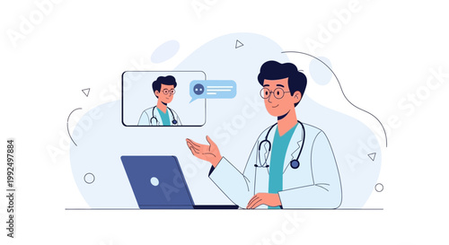 Doctor consulting patient online via video call on laptop, telemedicine concept