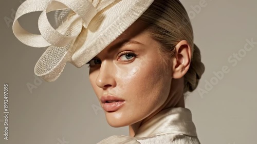 Luminous close portrait with ivory loop fascinator, sleek coiffed hair and tailored styling, an elegant beauty study of formal hat styles for ladies created with polished editorial sophistication