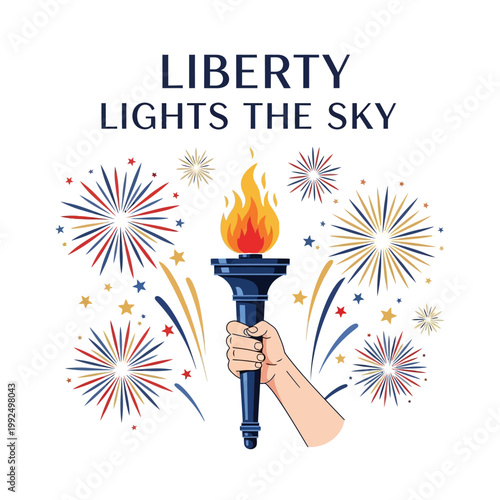 Liberty Lights the Sky A Torch Held High Amidst a Burst of Fireworks