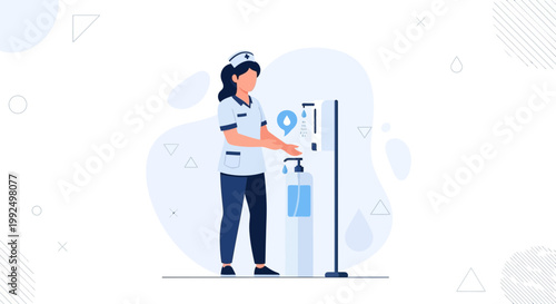 Nurse using hand sanitizer dispenser for hygiene, healthcare concept
