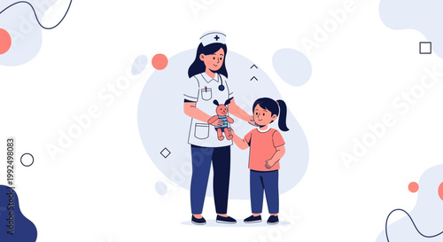 Nurse with child and toy, pediatric care, medical illustration, healthcare concept