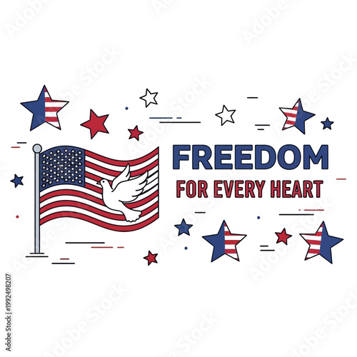 Vector illustration celebrating national freedom and peace, featuring a patriotic American flag design with a dove and stylized stars