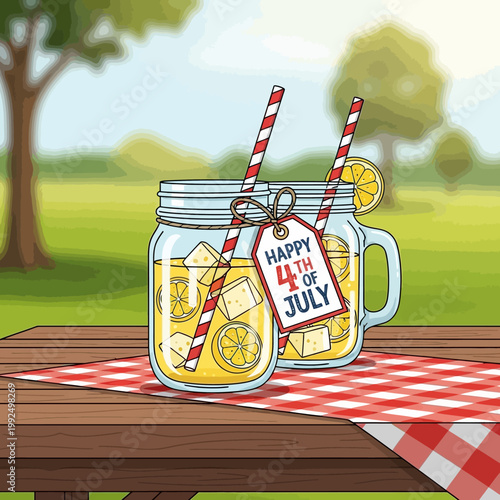 Refreshing Lemonade Drinks with 4th of July Tag on a Picnic Blanket Outdoors